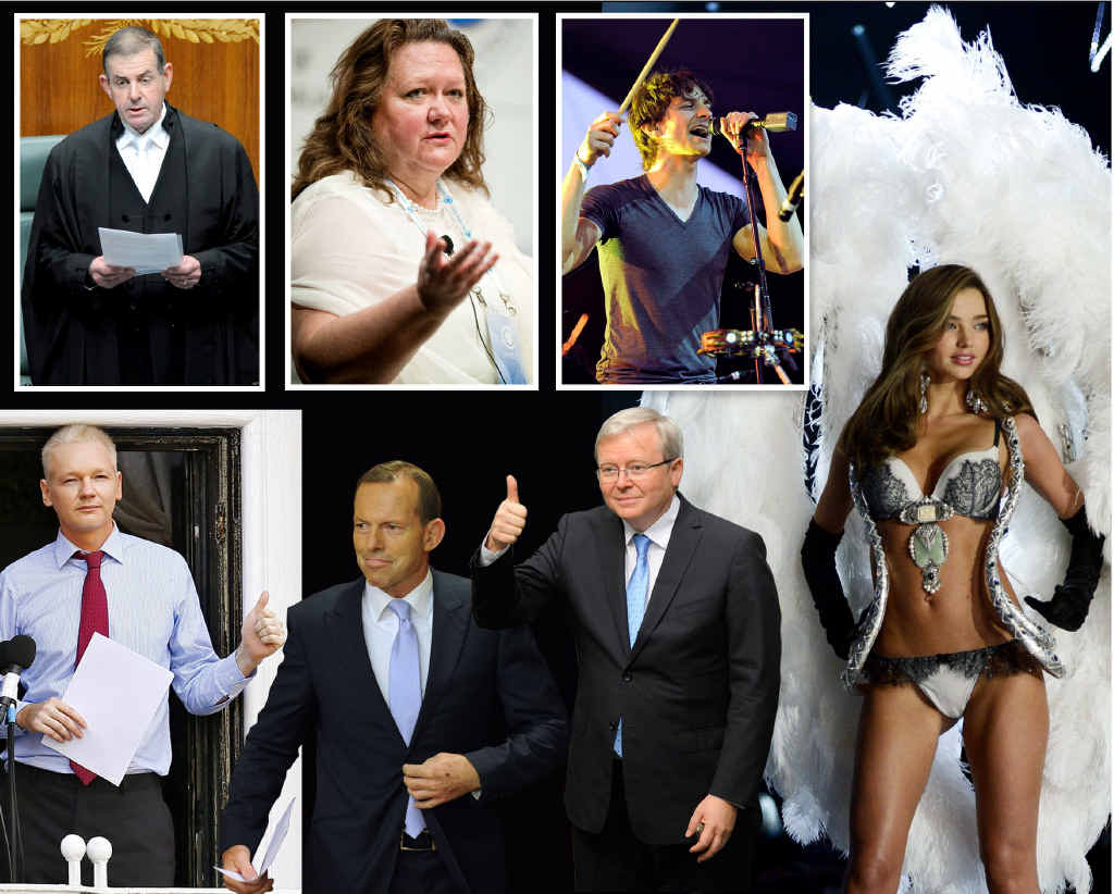 CLOCKWISE FROM TOP: Peter Slipper resigns as Speaker; mining billionaire Gina Rinehart; pop sensation Gotye; Miranda Kerr walks the catwalk during the Victoria’s Secret Fashion Show; former PM Kevin Rudd; Opposition Leader Tony Abbott and WikiLeaks founder Julian Assange. CLOCKWISE FROM TOP: Peter Slipper resigns as Speaker; mining billionaire Gina Rinehart; pop sensation Gotye; Miranda Kerr walks the catwalk during the Victoria’s Secret Fashion Show; former PM Kevin Rudd; Opposition Leader Tony Abbott and WikiLeaks founder Julian Assange.